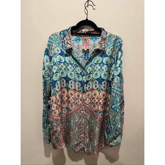 Johnny Was 100% Silk Button Up Top Long Sleeve R - Picture 1 of 13